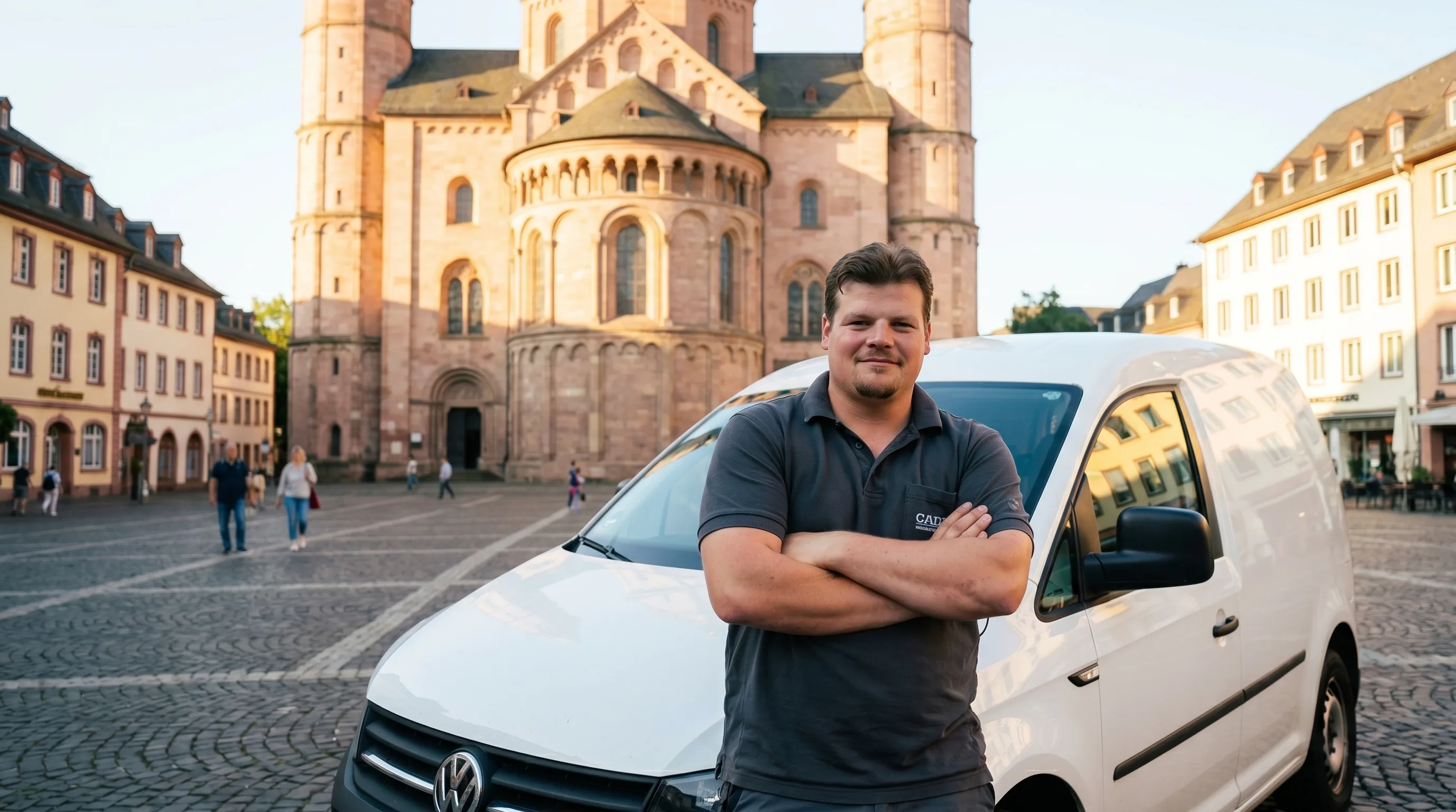 Jannik Jocher — Schlüsseldienst Mainz-Bingen — vor dem Mainzer Dom mit seinem Servicewagen
